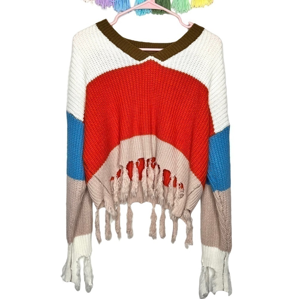 Shein V-Neck Colorblock Blue Orange Drop Shoulder Fringe Hem Sweater Size Medium - Picture 6 of 16